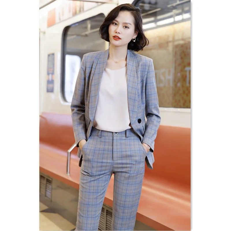 Женский костюм комплект из 2 предметов офисный брючный женский серый клетчатый