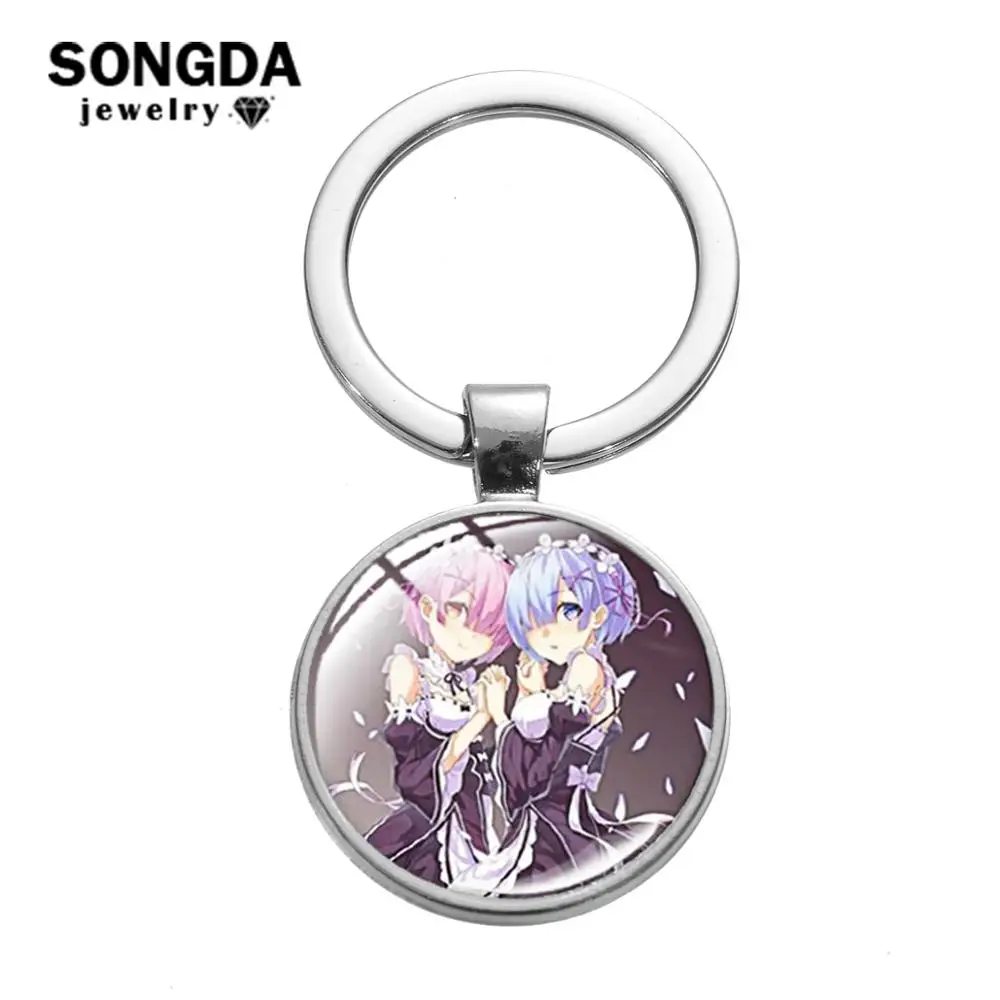 SONGDA Re Zero Starting Life in Another World Keychain Ram Rem Emilia Cartoon Pattern Handmade Glass Gem Key Chain Fans Souvenir | Украшения
