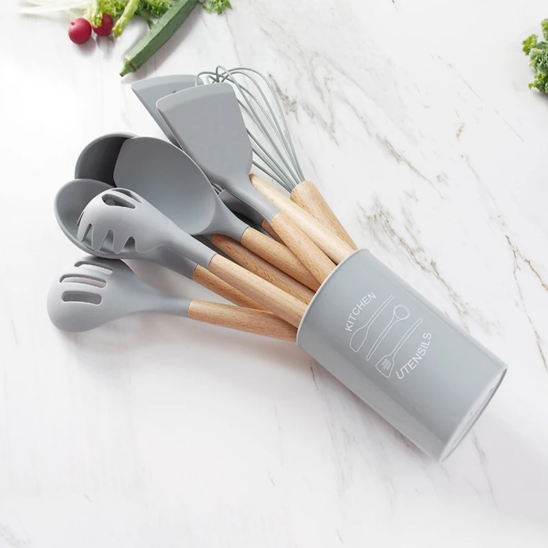 Силиконовая кухонная утварь набор деревянная ручка лопатка суповая ложка