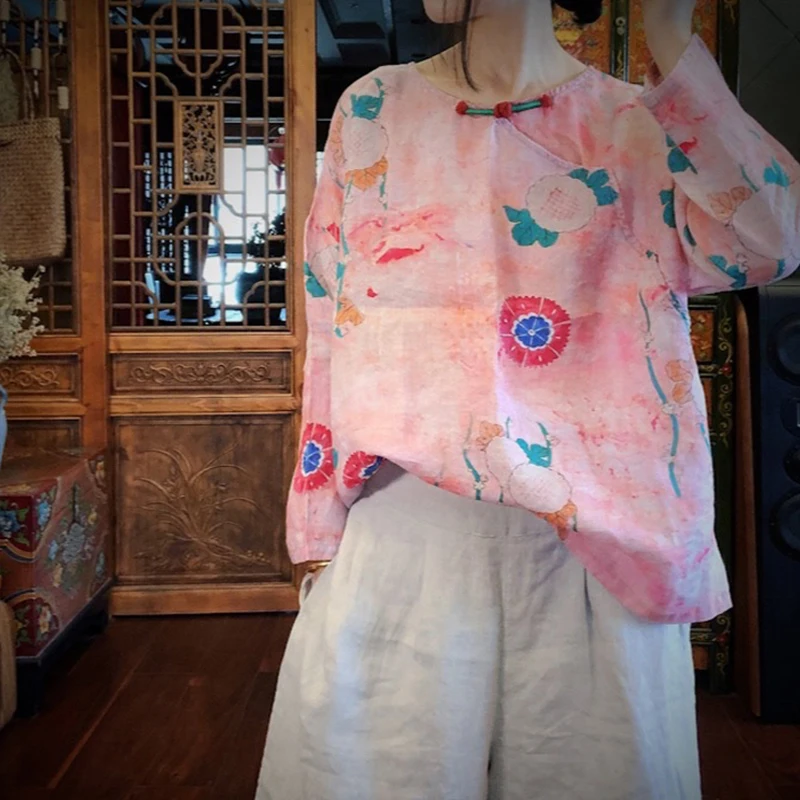 Женские блузки в китайском стиле Johnature льняные рубашки с круглым вырезом и