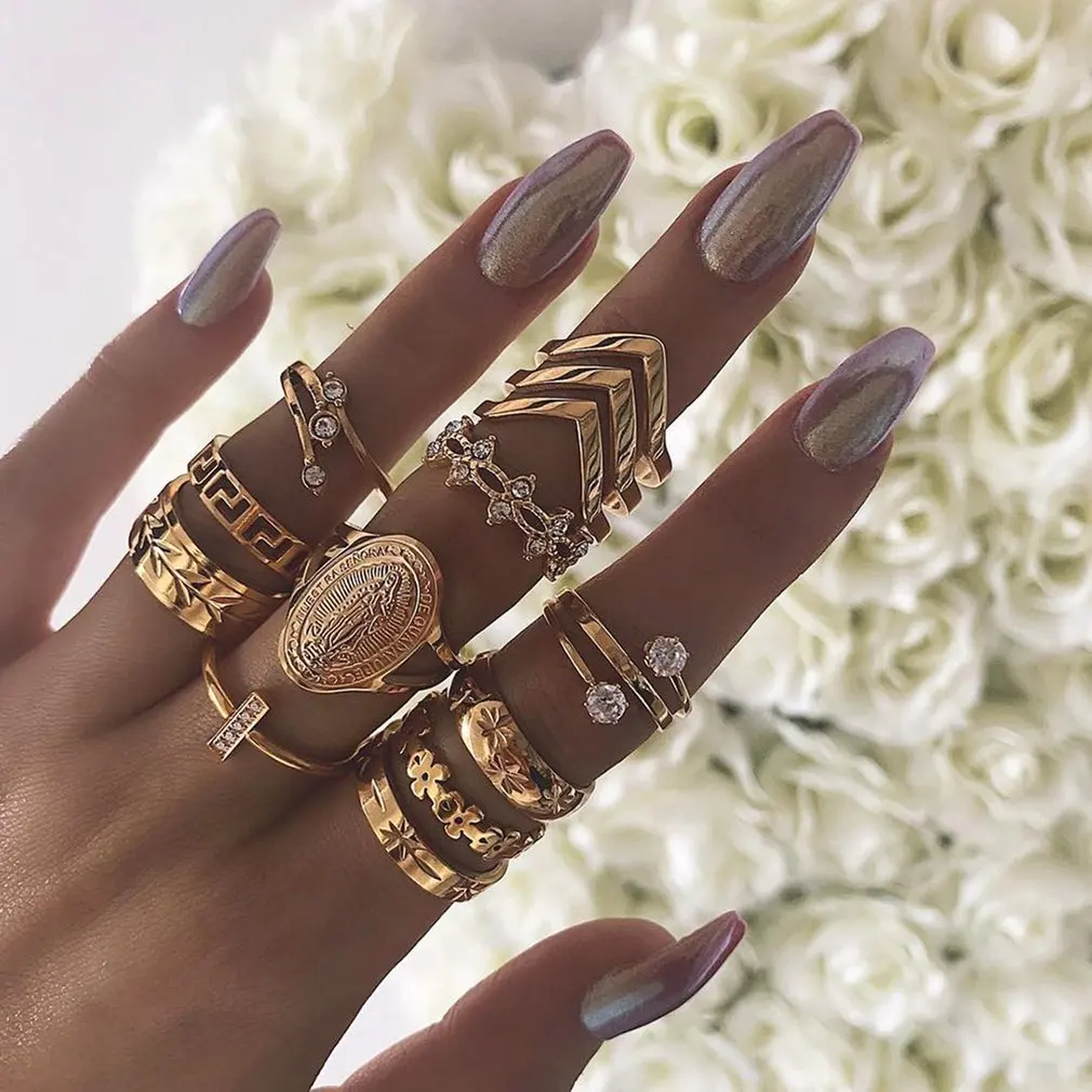 

Retro Beauty Crystal Diamond Ring Set Pattern Love Fatima Palm Ring Ring Set For Women Joint Ring Suit