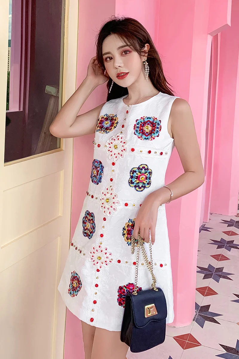 

O Neck A-line Runway 2021 Short Sleeveless Embroidery Mini Dress Sexy Party Elegant Boho Dresses Women Vintage Summer Vestidos