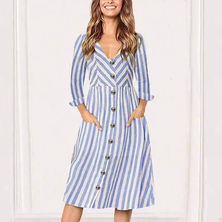

Женское Хлопковое платье-миди в полоску, с длинным рукавом и V-образным вырезом