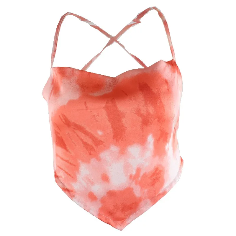 

Tie Dye Print Summer Halter Sexy Backless Lace Up Crop Top Tube Girls Cropped Feminino Cute Top Fashion Streetwear