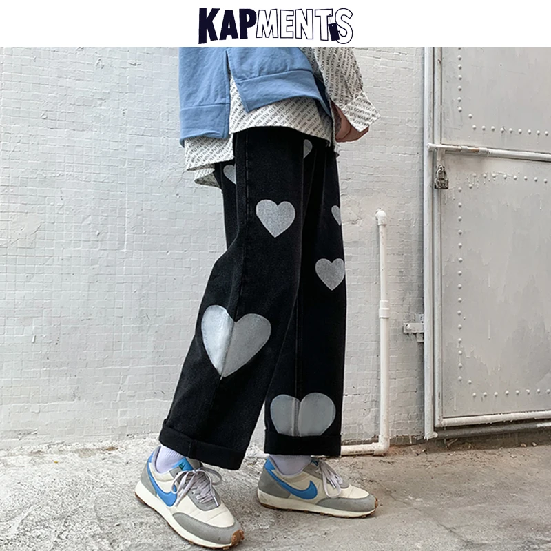 

KAPMENTS Men Heart Printed Korean Fashions Cargo Jeans 2022 Spring Mens Vintage Streetwear Denim Harem Pants Casual Joggers 5XL