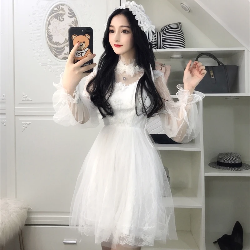 Women Elegant White Black Lace Mesh Party Dress Sweet Puff Sleeve Ball Gown Mini Turtleneck Cute Fairy Vestidos | Женская одежда