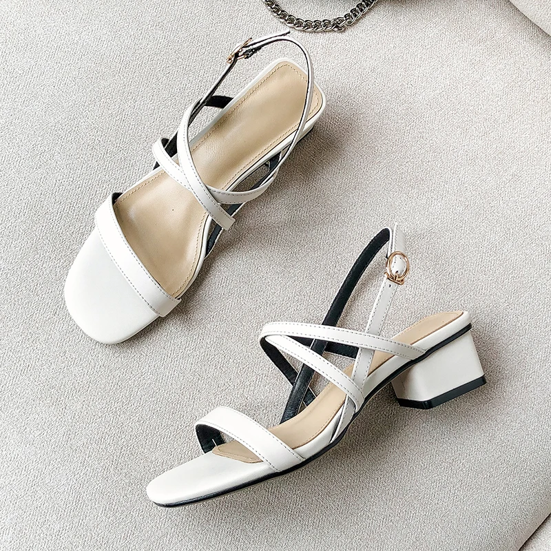 New women sandals genuine leather thick high heels sandals woman mixed colors cross buckle ladies dress party shoes