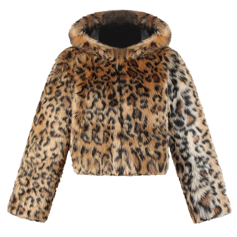 

Fashion Women Autumn Winter Faux Fur Coat Leopard Thick Warm Hooded Long Sleeve Fluffy Short Outerwear Short Jacket Brown