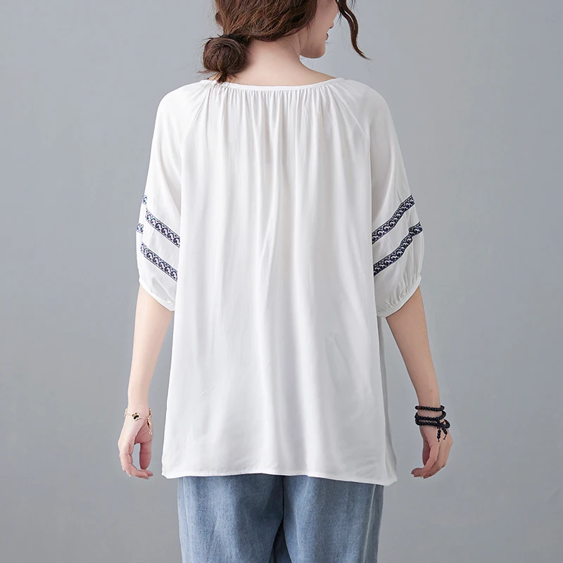 

DIMANAF 2021 Summer Plus Size Women T-Shirt tshirt Embroidered Floral Tops Show Thin Vintage Tunic Tees Loose Casual Clothing