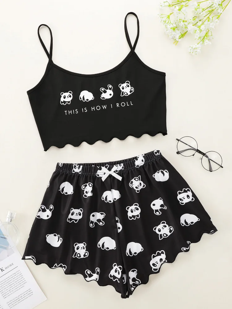 

2021 Summer Panda Suspender Shorts Homewear Set Spaghetti Strap Sleeveless Rayon Polyester Room Wear