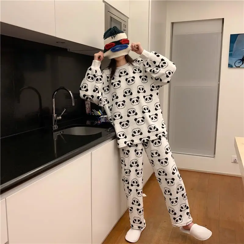 Женские теплые зимние фланелевые пижамы одежда для сна Kawaii Panda комплект из двух