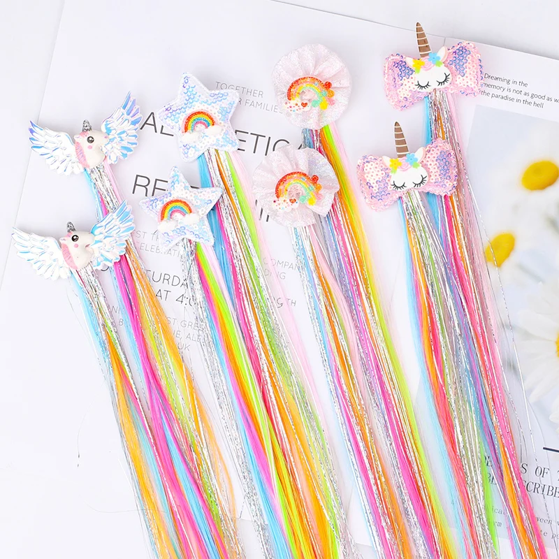 2 шт./компл. заколки для волос единорога маленьких девочек длинный парик цвета