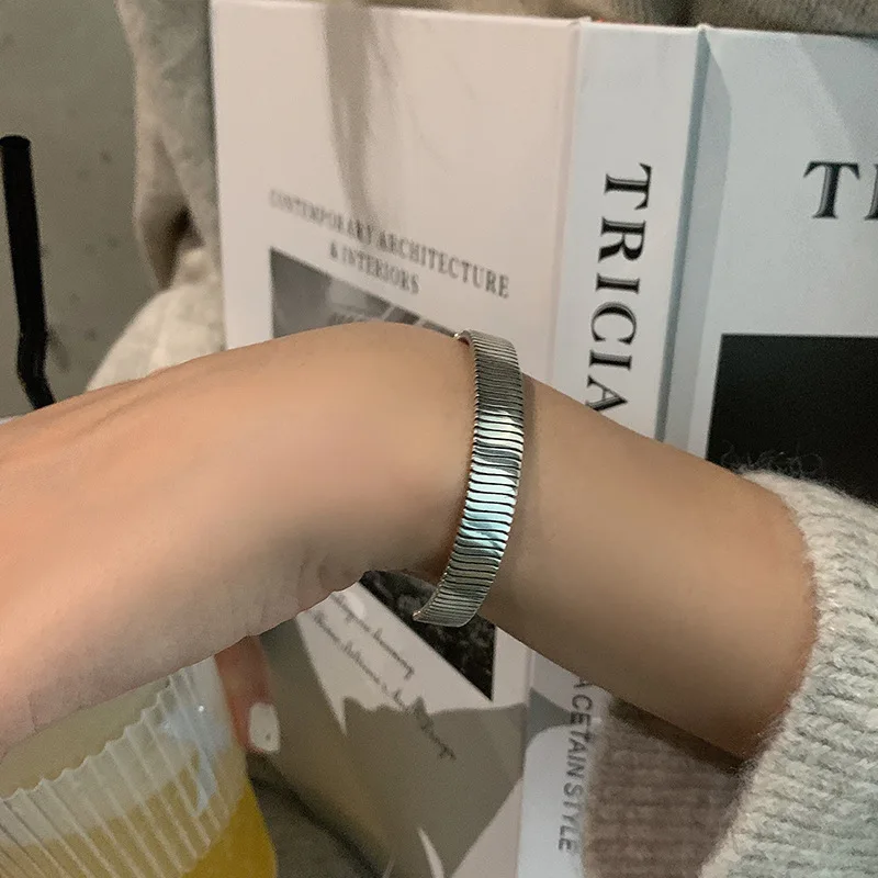 

925 Thai Silver Boutique Jewelry Women's Bracelet,Korean Retro Stripe Opening, Simple Fashion Personalized Bracelet Jewelry Gift