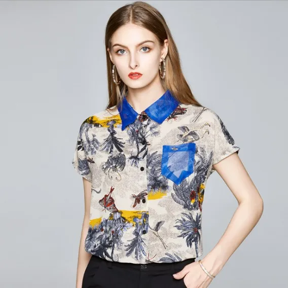 

Женская шифоновая рубашка с коротким рукавом, отложным воротником и принтом, лето 2020