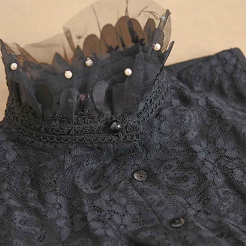 

Women Imtation Pearl Beading Ruffled Stand Fake Collar Button Floral Lace Detachable Half Top Decorative Clothing