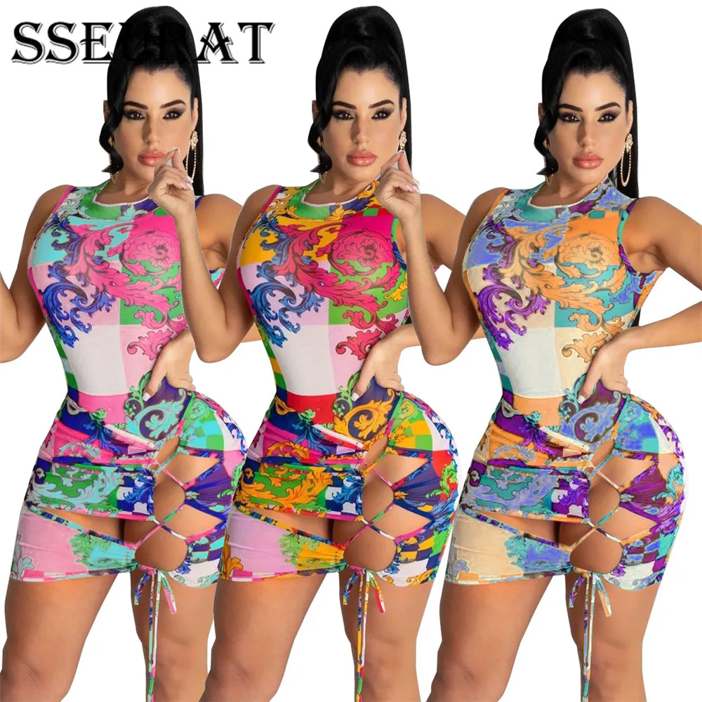 

SSEURAT Print Women's Bikinis Set Sexy Sleeveless Bodysuit Lace Up Drawstring Mini Skirts Matching 2 Piece Set Outfit