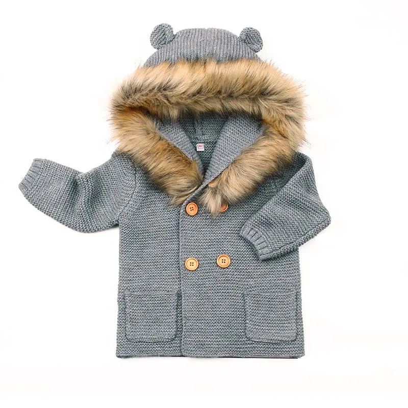 

Winter Warm Newborn Baby Boys Knitted Sweater Jacket Hooded Fur Collar Infant Boys Knitwear Cardigan Outwear Coat DQ980