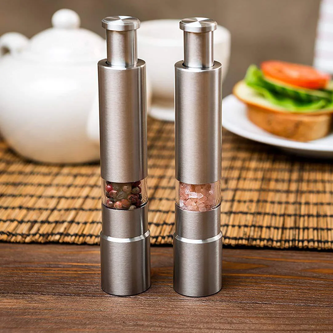 

Manual Salt and Pepper Grinder Set Thumb Push Pepper Mill Stainless Steel Spice Sauce Grinders With Metal Holder Kitchen Tool