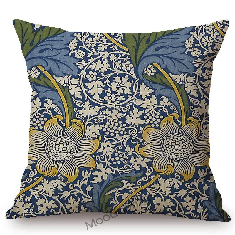 Наволочка для дивана с изображением цветов Морриса птиц из хлопка и льна в