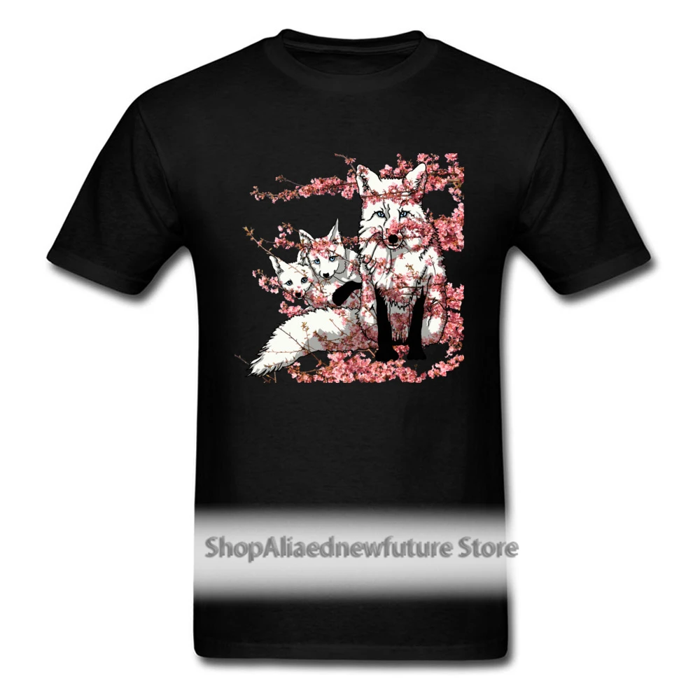 

Spring Fox 2021 Men Black T-shirt Beautiful Fox Family Hiding In Blossoms T Shirt Lovely Cartoon Art Design Male Birthday Tops