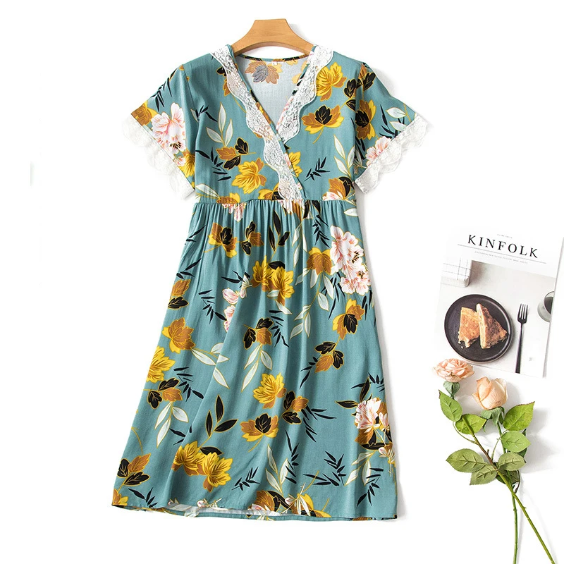 Floral Green Для женщин кружевное длинное сексуальное ночное белье из хлопка ночные сорочки пижамы с принтом короткий рукав ночные рубашки, ночное белье женское белье для сна платье - Цвет: Floral Green