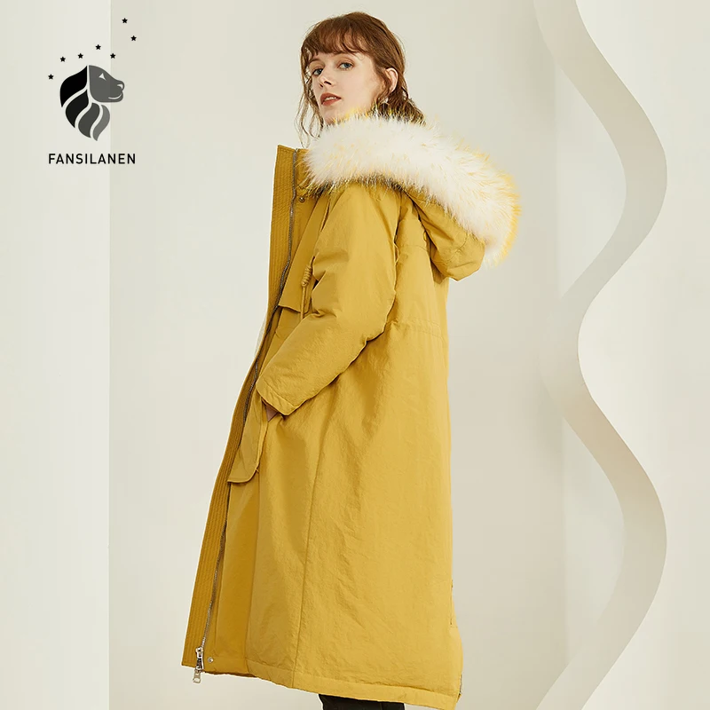 

FANSILANEN Casual Fur Collar Yellow Long Down Coat Women Autumn Winter Hooded Oversized Puffer Jacket Wram Light Down Parka 2020