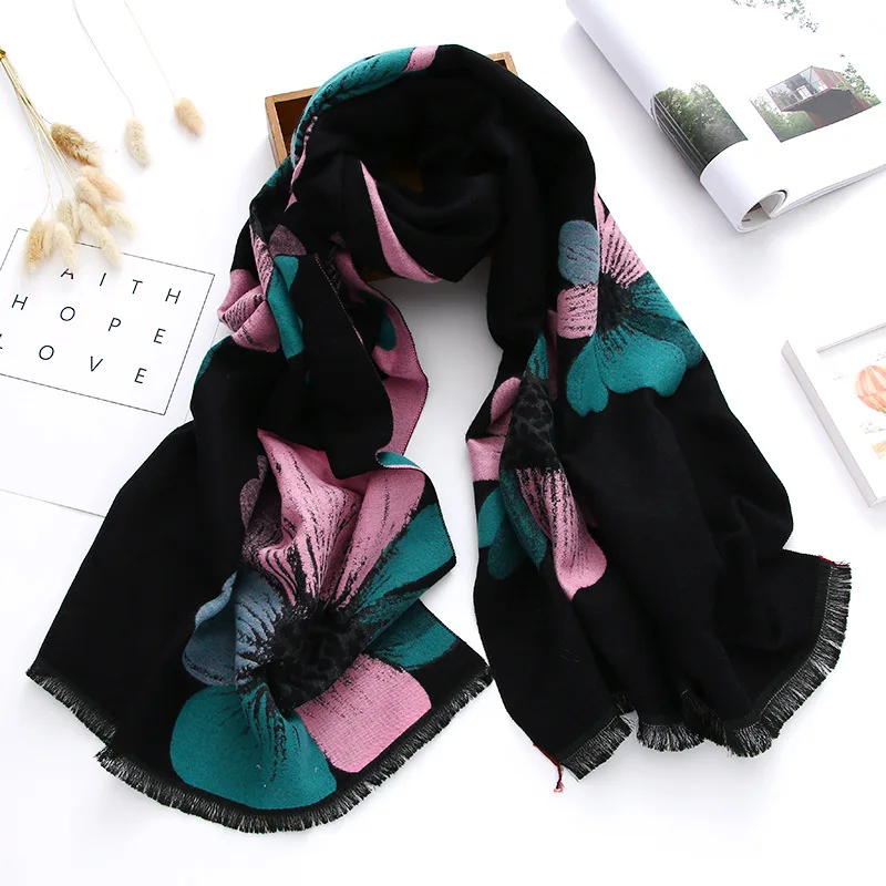 

new style 2021 floral women scarf winter shawls and wraps thick warm double-sides pashmina oversized blanket scarf echarpe femme