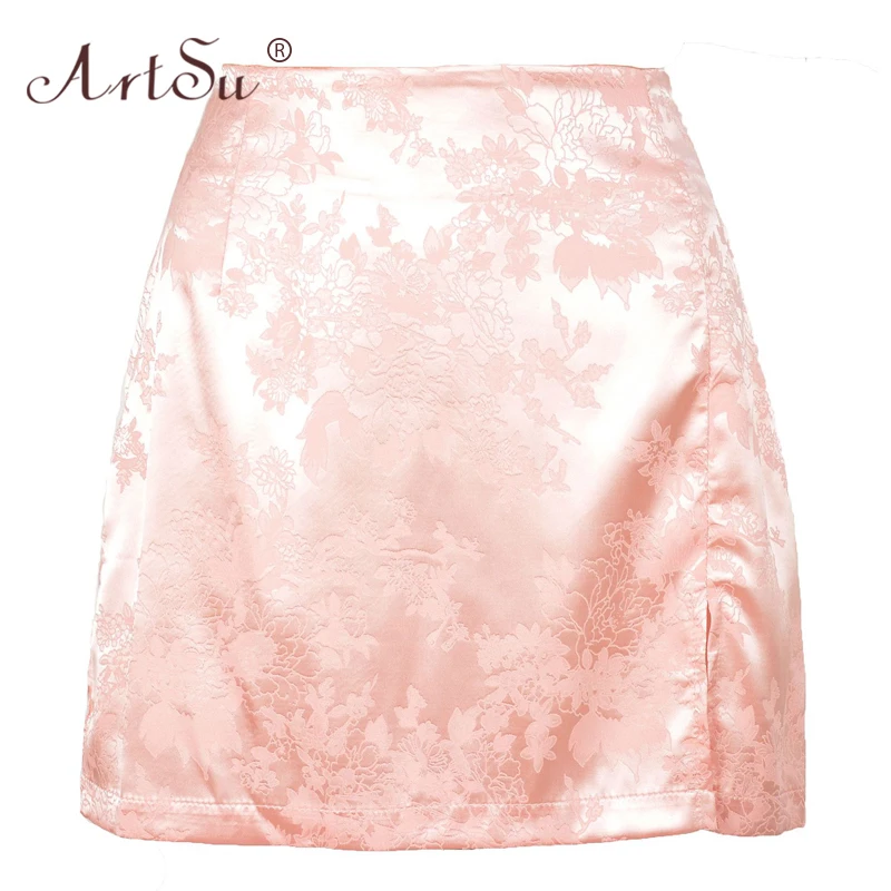 Женская атласная мини-юбка ArtSu черная розовая зеленая юбка с цветочным принтом