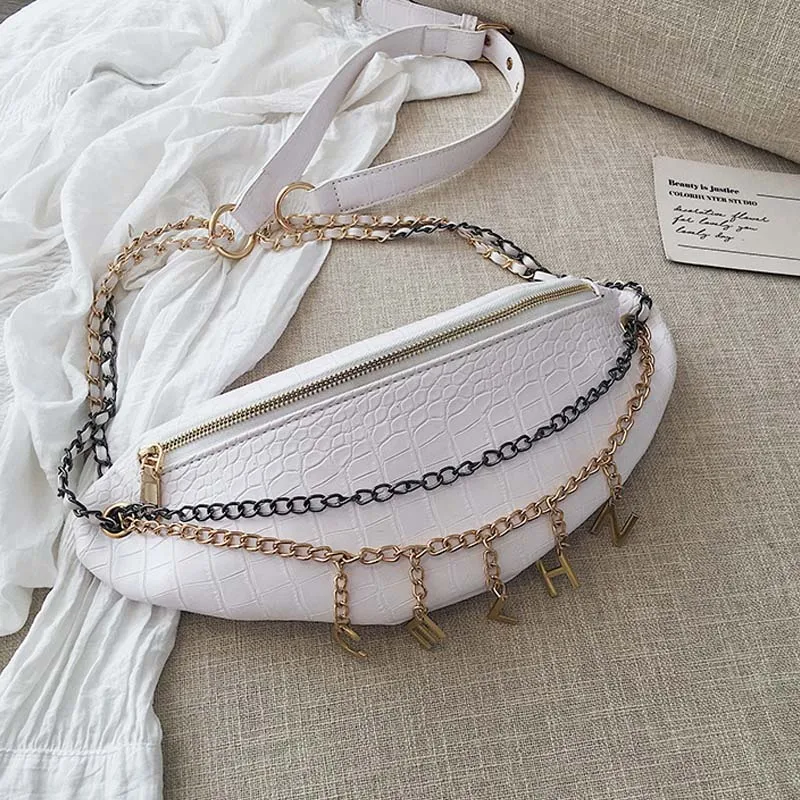 White Waist Packs Крокодиловый узор PU поясные сумки для женщин Новая мода кисточкой нагрудная Сумка Женский Банан поясная сумка женская цепь сумки на плечо - Цвет: White Waist Packs