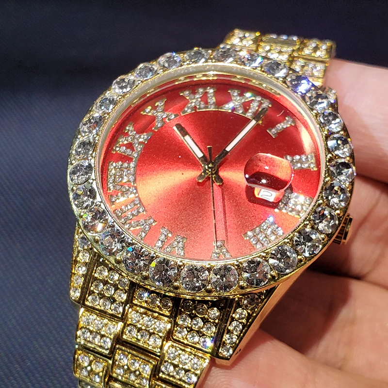 

Часы наручные мужские автоматические, люксовые брендовые светящиеся золотистые, с красным циферблатом, с ремешком из нержавеющей стали, во...