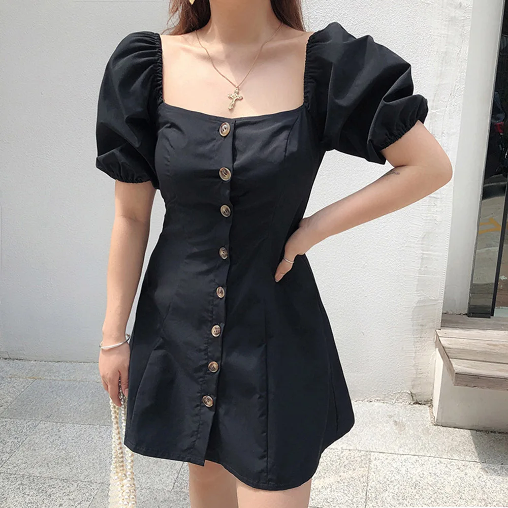 

Gothic Retro Vintage Black Dresses Women Lovely Party Casual Streetwear Short Dress Slim High Waist Square Neck Janpan Korea