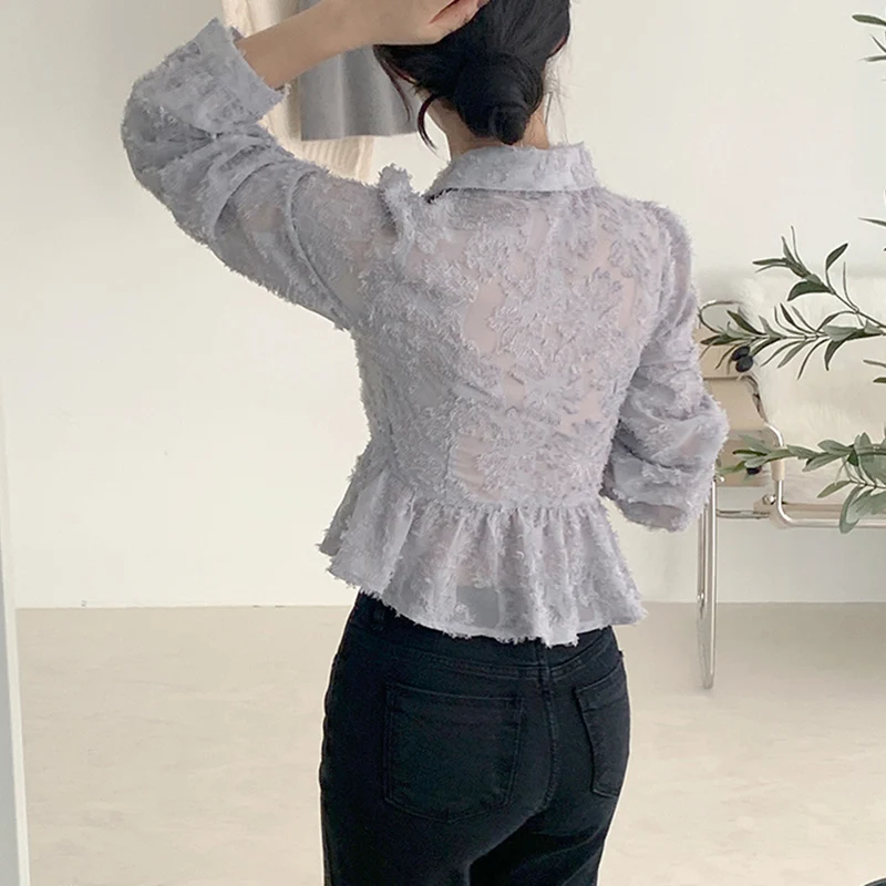 

ZAWAHIKI Women Tops Spring Korean Fashion Solid Long-Sleeve Turn-Down-Collar Slim Sweet Temperament Fairy Lace Button Up Shirt