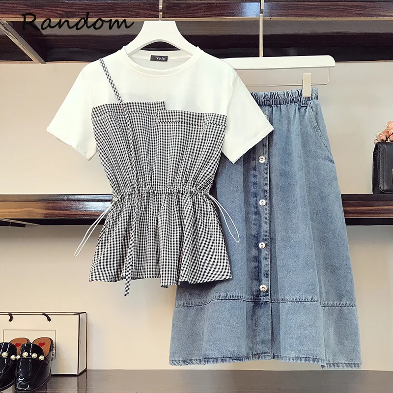 

Размера плюс летняя элегантные джинсовые костюм в клетку футболка и джинсовая юбка комплект из двух предметов для женщин сот ветствующий н...