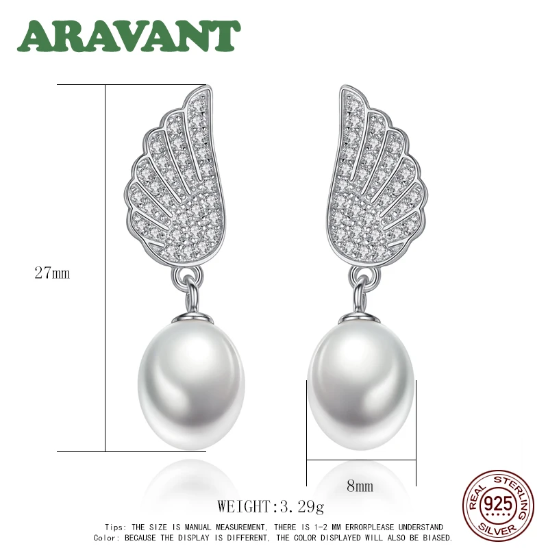 

Natural Freshwater Peal 925 Sterling Silver Wing Cz Drop Earrings For Women Genuine Jewelry White Pink Gray Dangle Earrings
