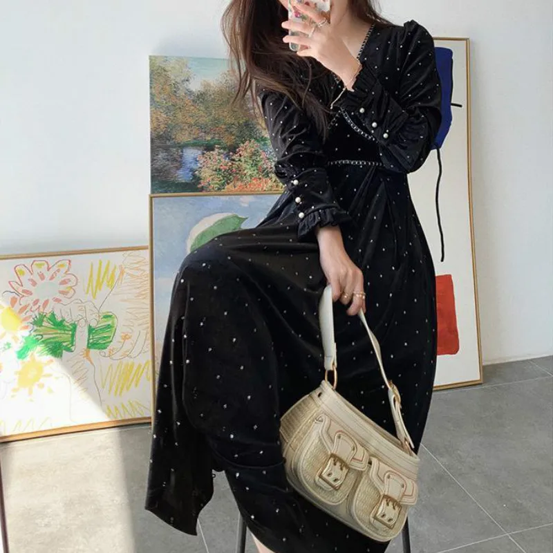 

French Vintage Midi Dress Women Casual Long Sleeve Elegant Office Dress Female Evening Party One-piece Dress Korean 2020 Autumn