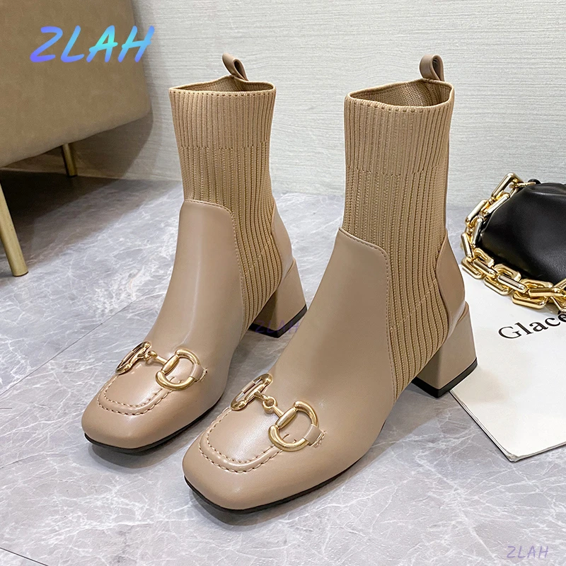 

New Women's Short Bootswomen's Socks Boots Women Patent Leather Fashion Boots Zlah Square Toe Metal Decoration Women Nude Boots