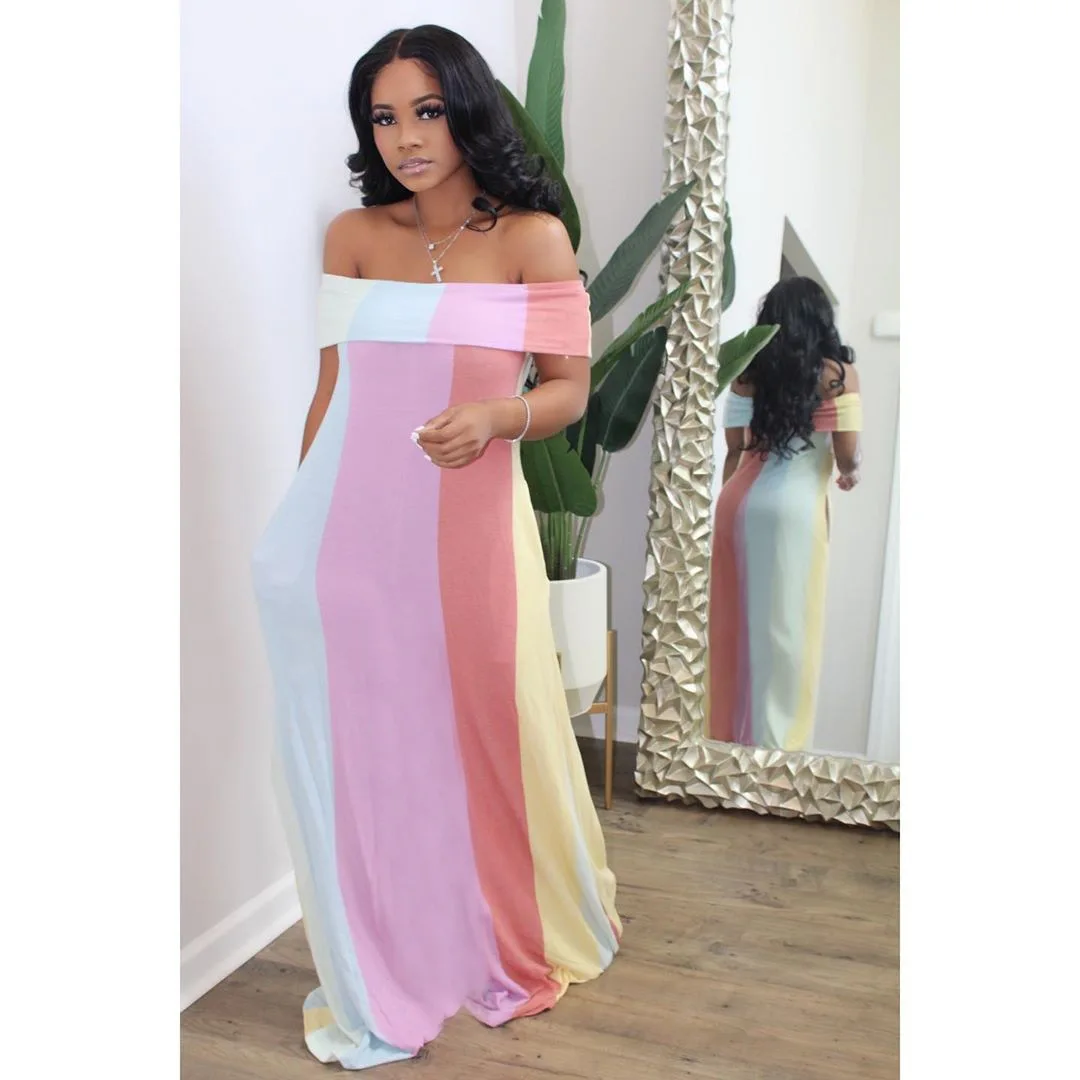 

Summer sexy fashion women's dress, loose striped large size multi-color printing one-shoulder home dress