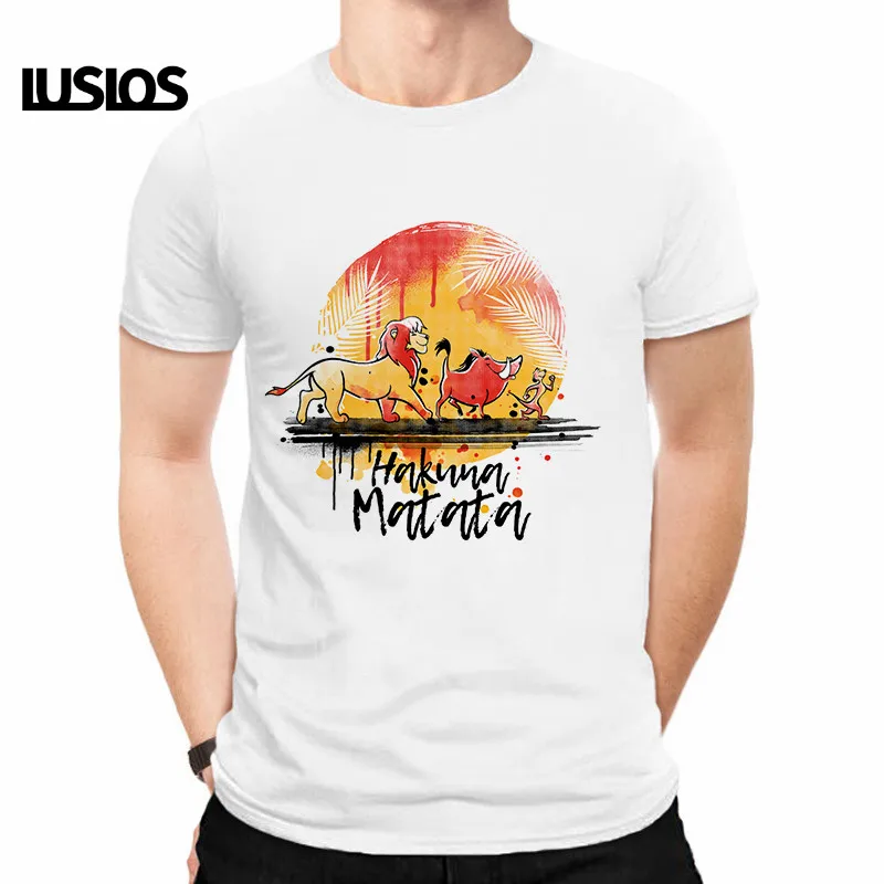 LUSLOS HAKUNA MATATA/мужская футболка больших размеров, летние футболки с коротким рукавом с изображением Льва и короля, белые футболки с принтом из мультфильма