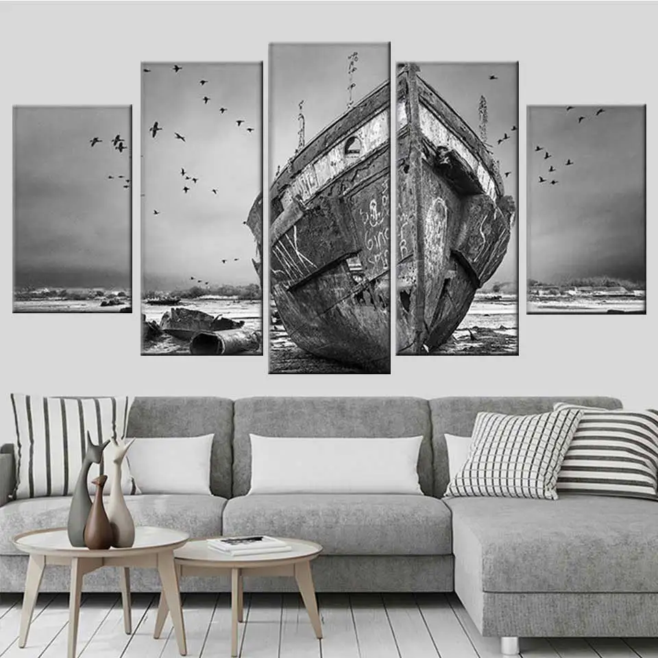 

HD print canvas painting 5 pieces scenery black white boat stranded landscape poster home framework wall artwork decoration