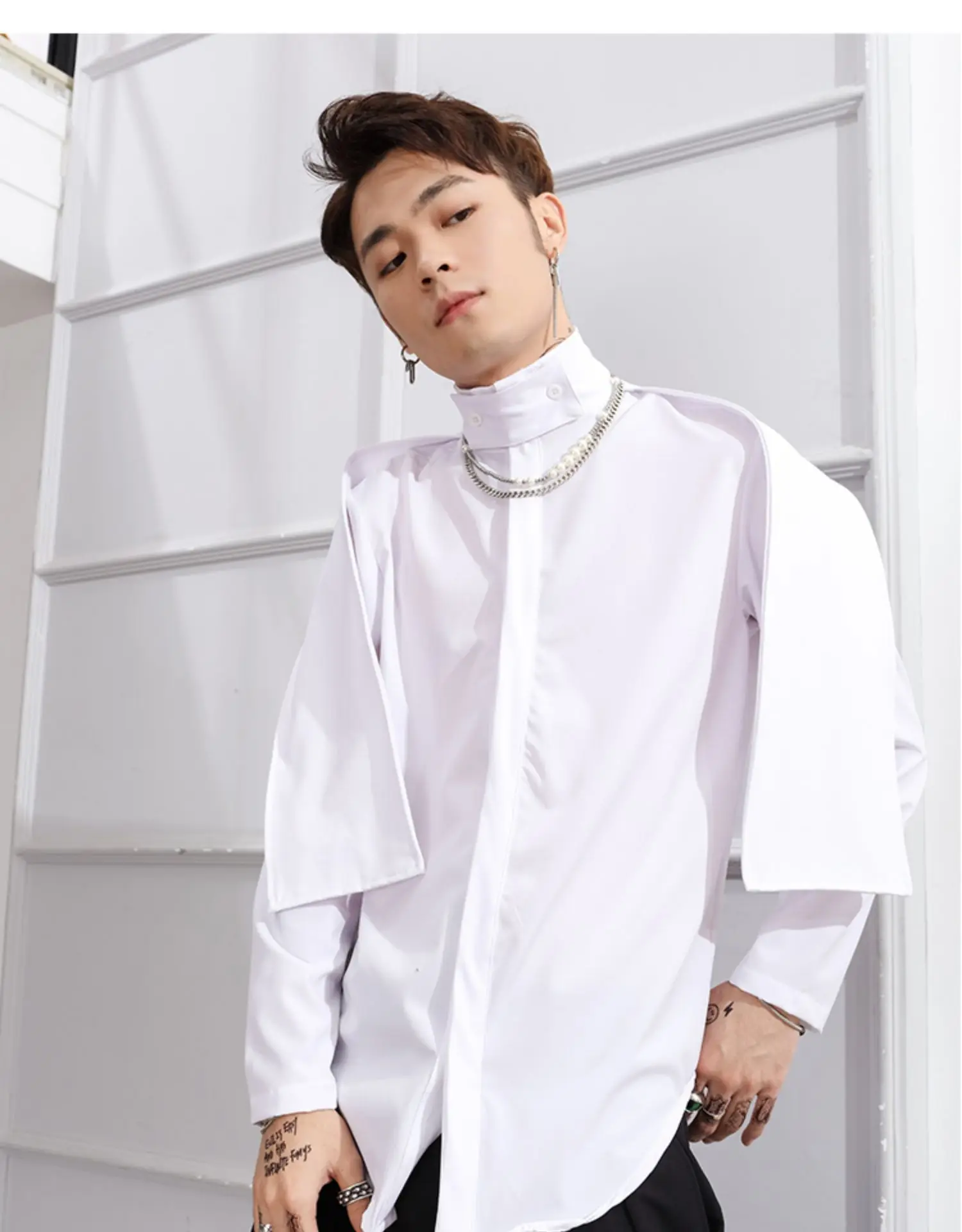 

Мужская приталенная рубашка с длинным рукавом, белая рубашка с круглым подолом и воротником-стойкой, подчеркивающая индивидуальность, в стиле хип-хоп, для выступлений, для сцены, большие размеры, ve