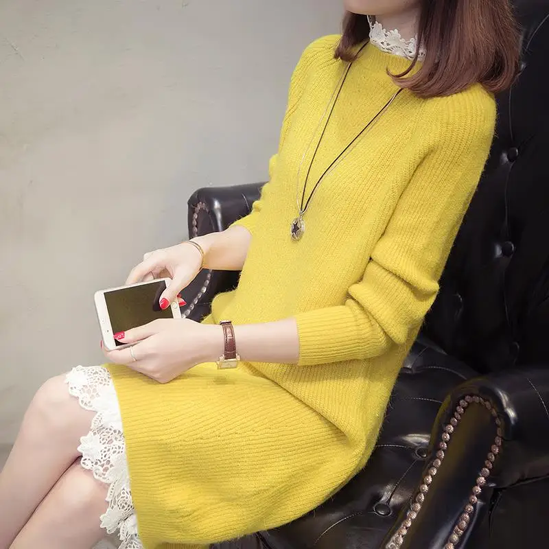 Женское трикотажное платье макси с длинным рукавом однотонное кружевное