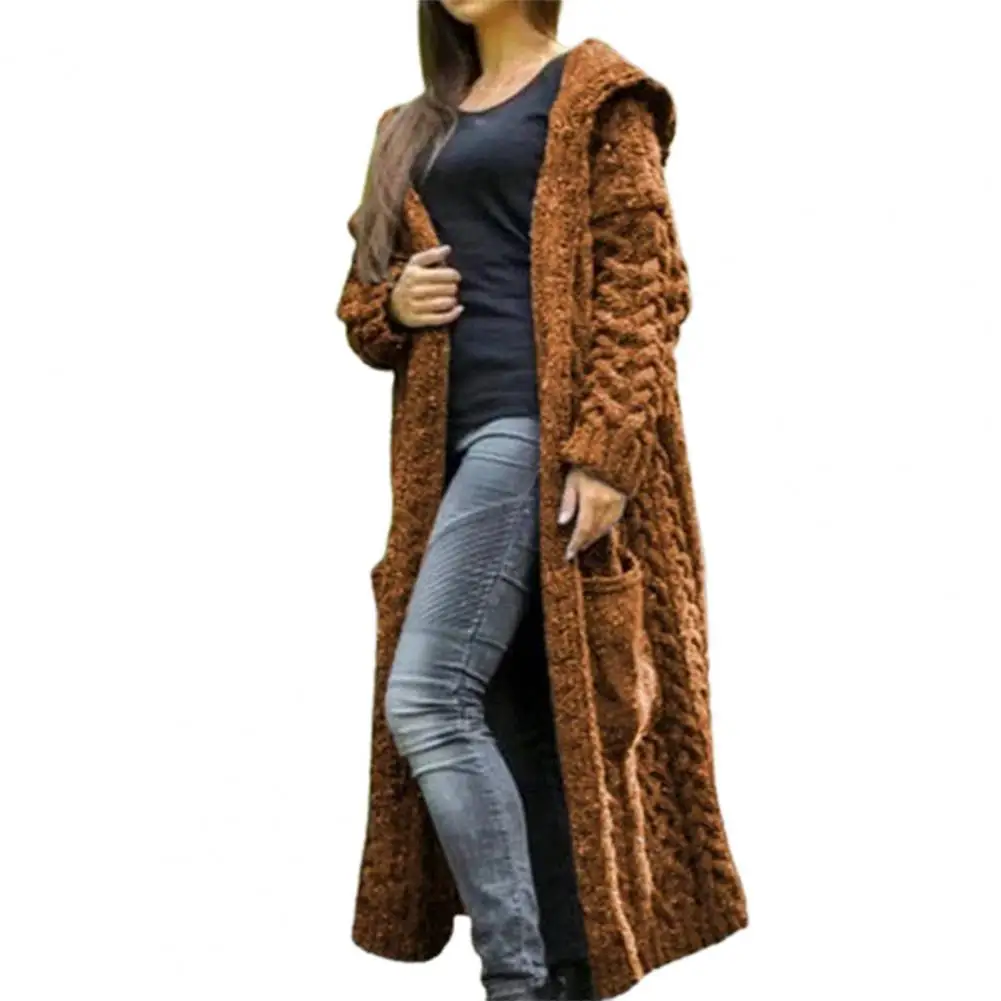 

Women Solid Color Long Sleeve Braid Knit Cardigan Hooded Sweater Coat Overcoat