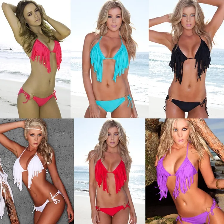 Соблазнительный женский бандажный купальник бикини с бахромой бюстгальтер пуш