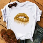 Женские сексуальные топы с принтом губ, золотые блестящие футболки с круглым вырезом и коротким рукавом, универсальная белая футболка, Забавные топы для девочек 2020