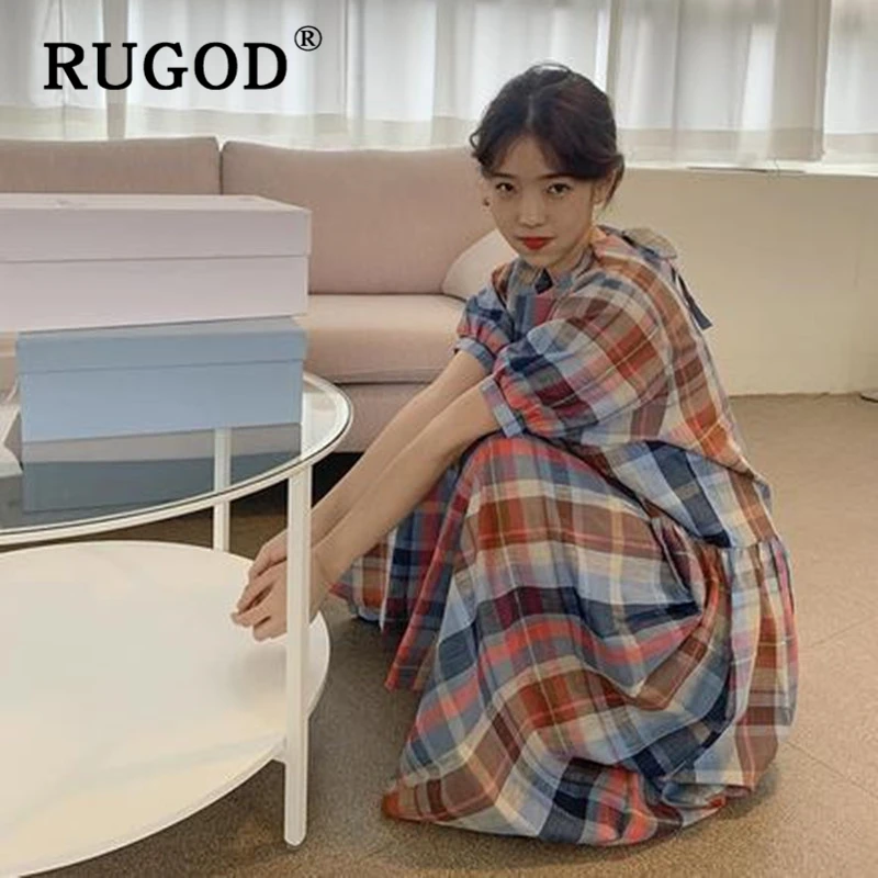 korean chic dress retro plaid long length dresses in stock now | Женская одежда