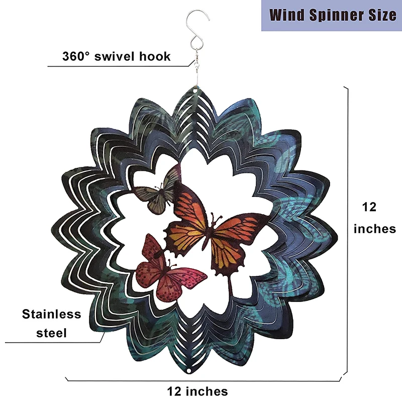New 12Inch 3D Hanging Wind Stainless Steel Kinetic Spinning Decoration For Patio Home Balcony Yard Garden Decor | Дом и сад