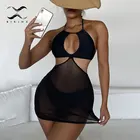 Черный комплект из 2 предметов, сексуальный комплект бикини с лямкой на шее, пуш-ап, женский купальник с вырезами, короткая сетчатая юбка, купальный костюм, пляжная одежда