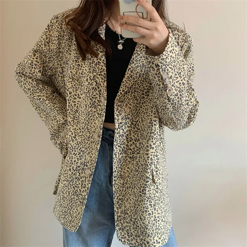 

HziriP OL Vintage Oversized Blazer Women 2021 New Elegant Tops Loose Suit Jacket Female Single Breasted Leopard Print Blazers
