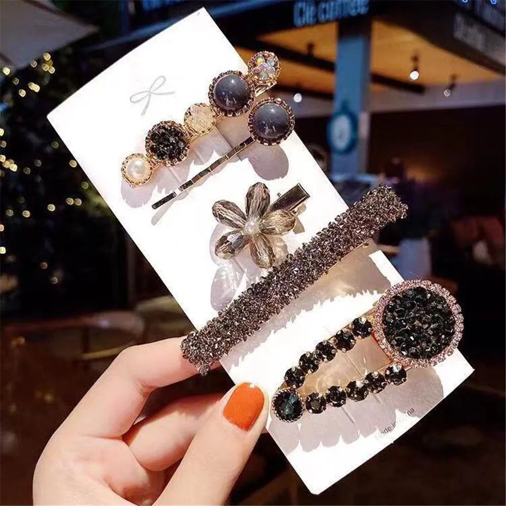 

5PCS/Set Women Luxury Elegant Crystals Pearls Geometric Hairpins Lady Sweet Hair Clip Barrette Headband Fashion Hair Accessories