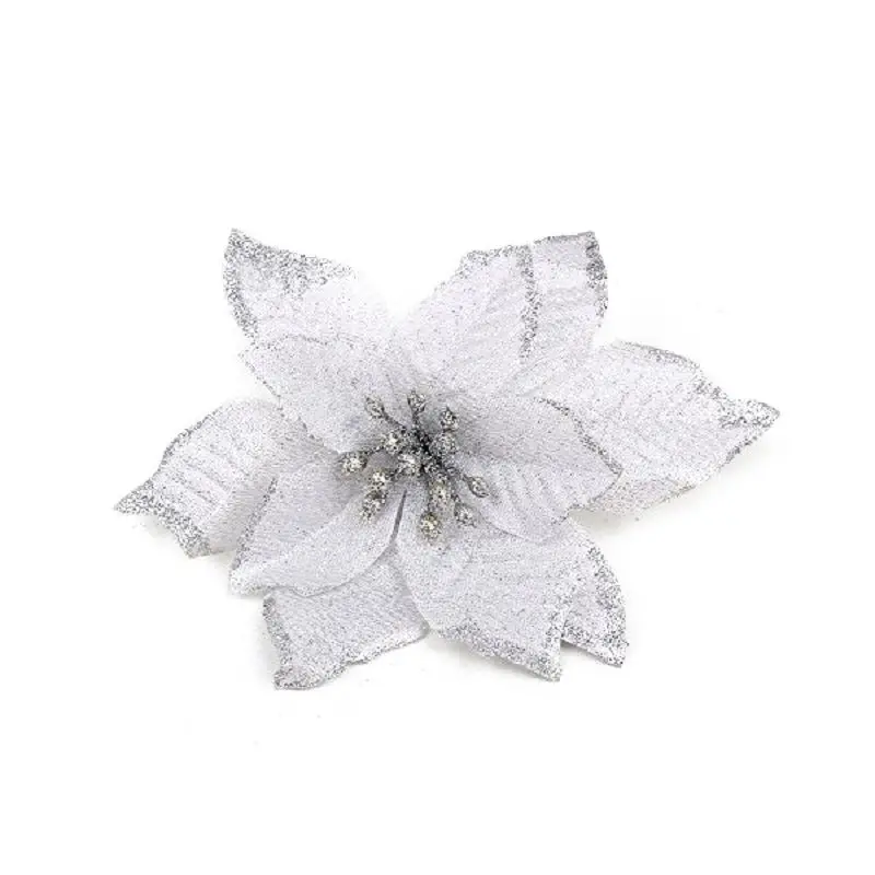 10pcs sliver 10 шт. рождественские искусственные с блестками цветы рождественские украшения золотой красный кулон из ротанга Рождественская елка украшения для домашнего декора - Цвет: 10pcs sliver